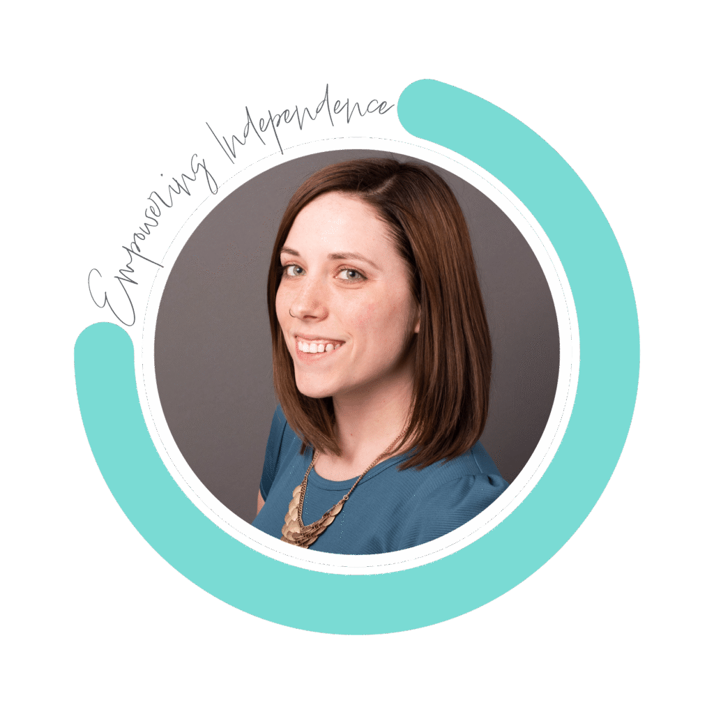 Abby Burch, a white woman with shoulder-length brown hair, smiles at the camera. Her photo is surrounded by a teal circle and "empowering independence"