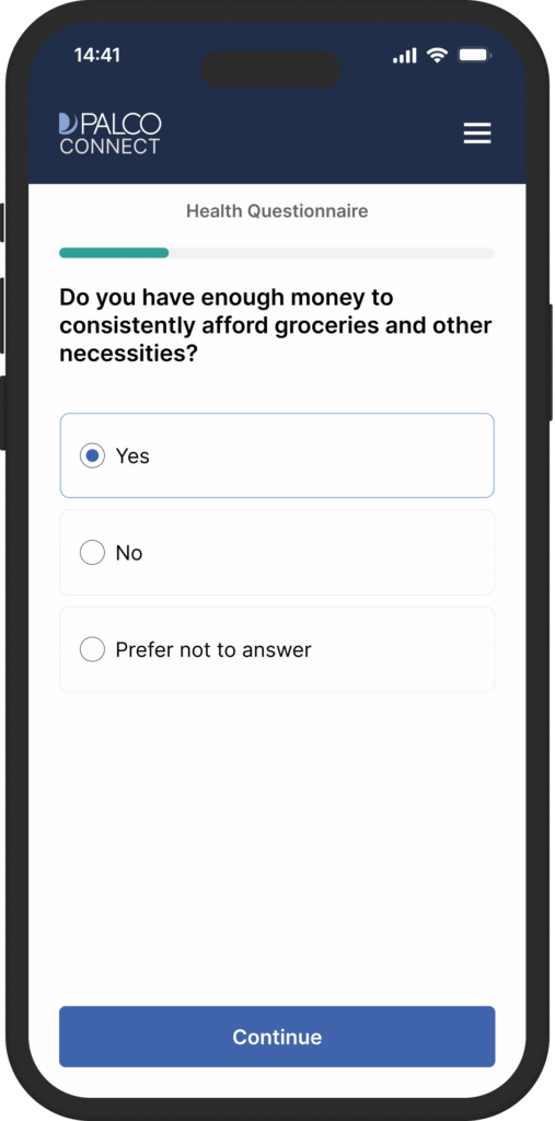 Mockup image of a phone with Palco's Connect software on the screen, featuring an example question of SDOH factor