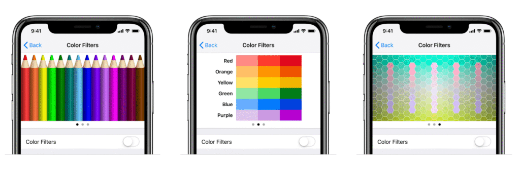 From Apple's website, three iphone screens displaying various color filters for accessibility