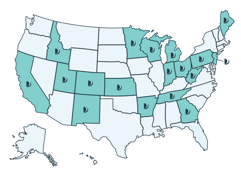 Illustrated map of the United States with select states shaded in teal and marked with a semicircle icon, indicating areas of presence or coverage.